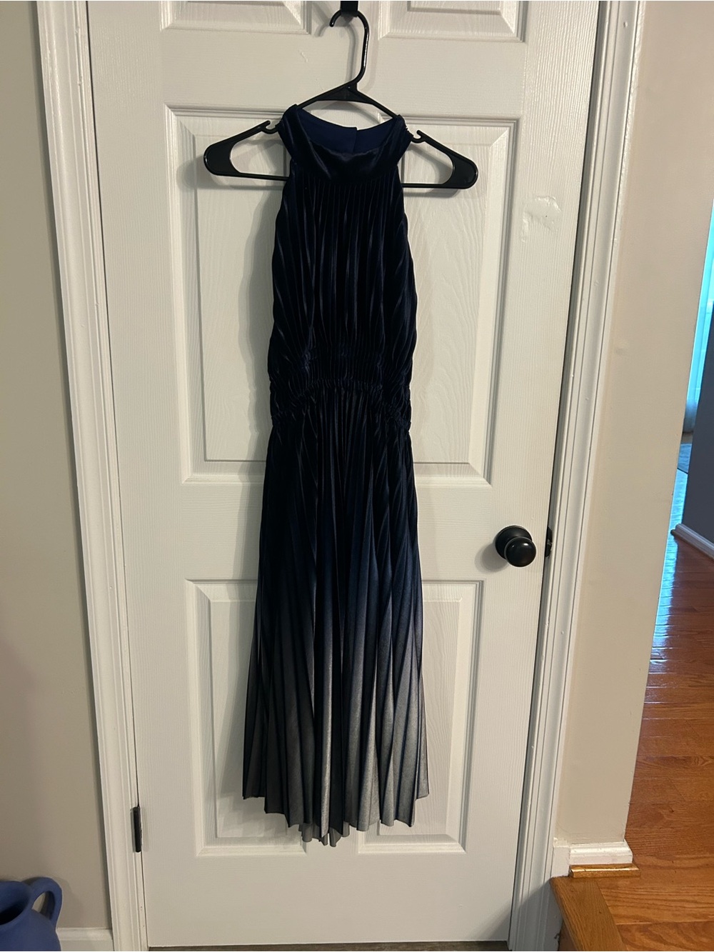 Anthropologie Navy Halter Pleated Maxi Dress